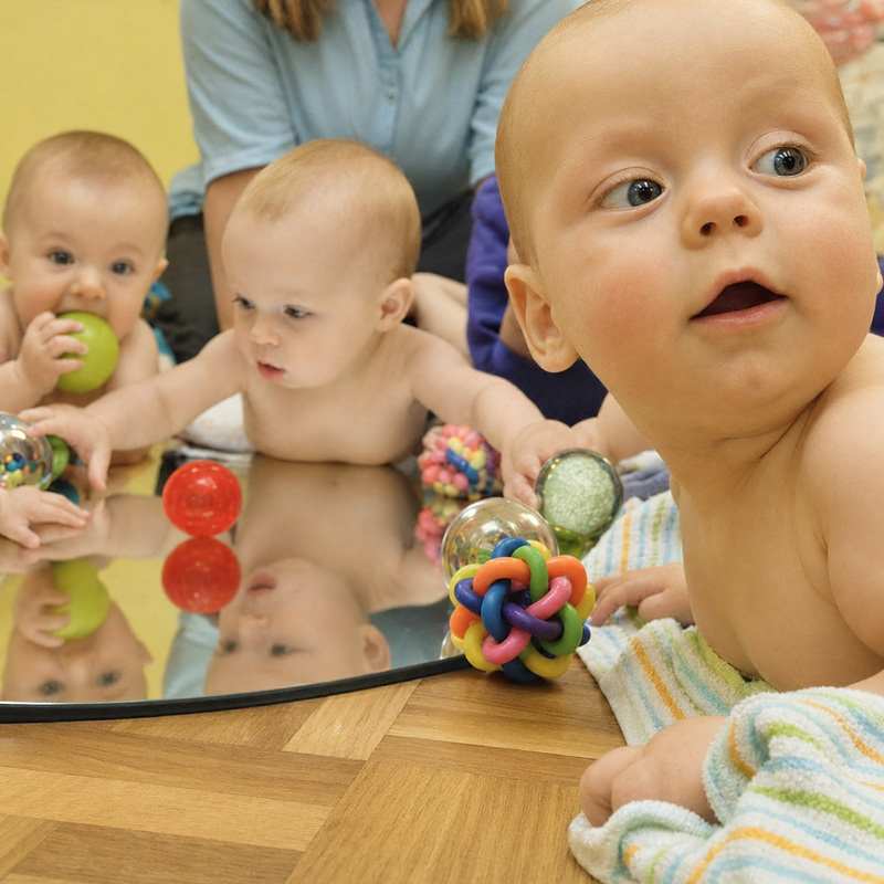 Babys entdecken Spielzeug und Spiegelbilder